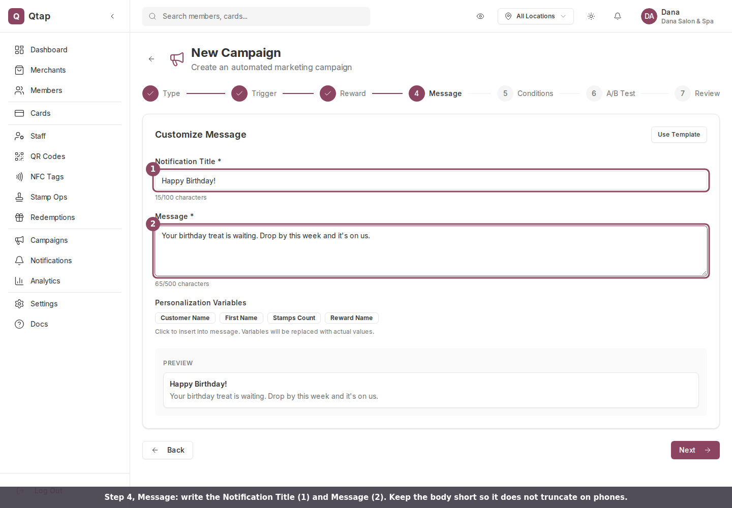 The Message step with the Notification Title and Message fields filled and a phone preview below