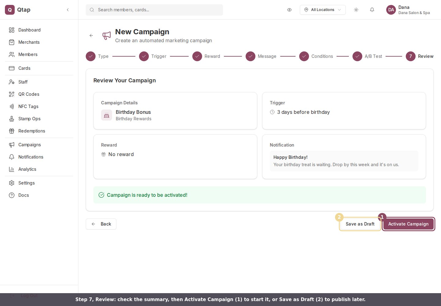 The Review step summarizing the birthday campaign with Activate Campaign and Save as Draft buttons