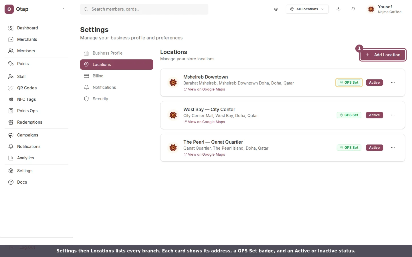 Locations page listing three branches, each with a GPS Set badge and an Active status, and the Add Location button