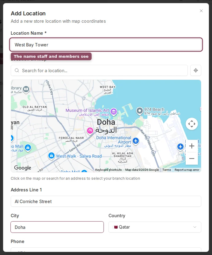 Add Location dialog with the Location Name field, map picker, and address fields