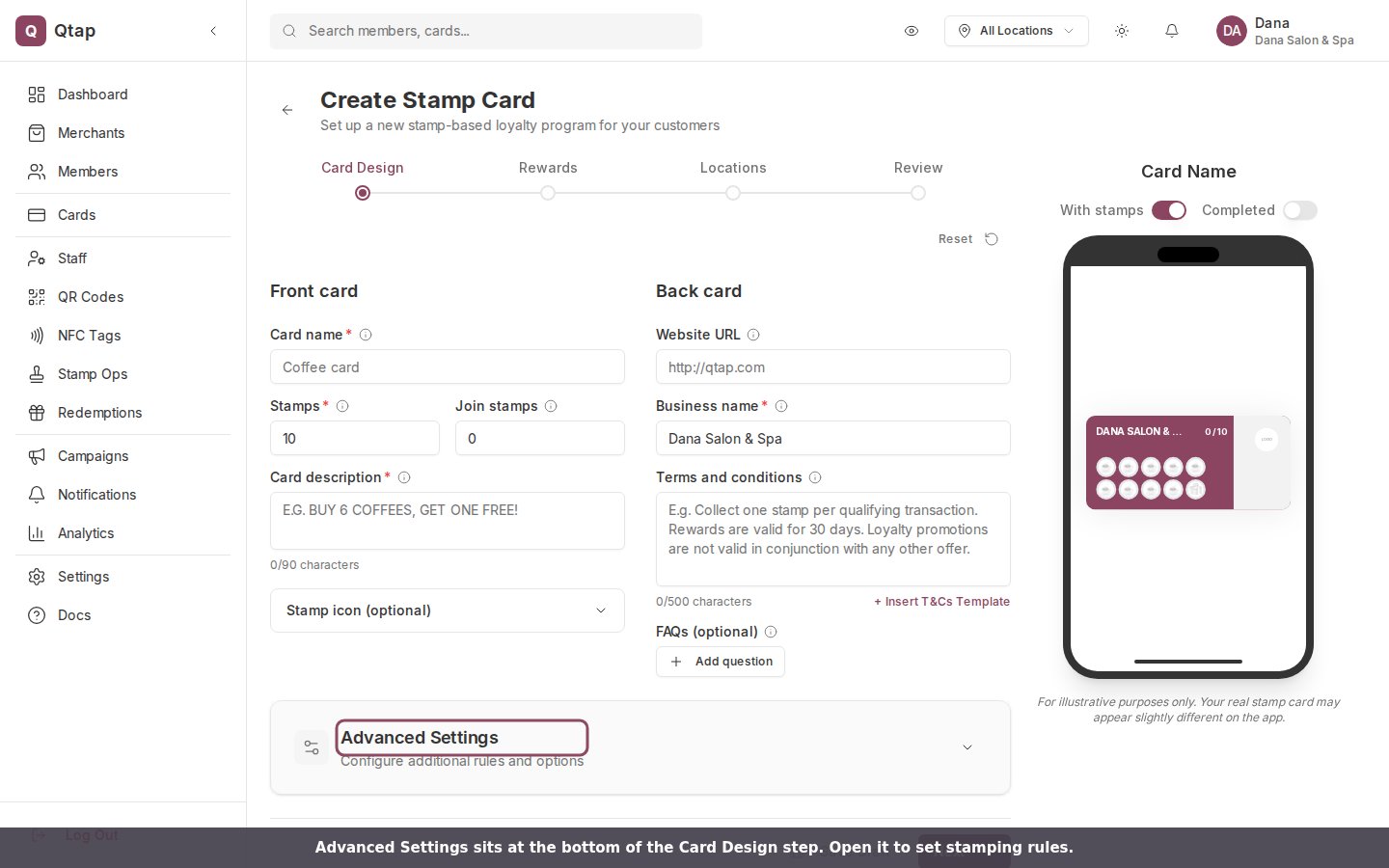 The Create Stamp Card page with the Advanced Settings section highlighted at the bottom of the Card Design step