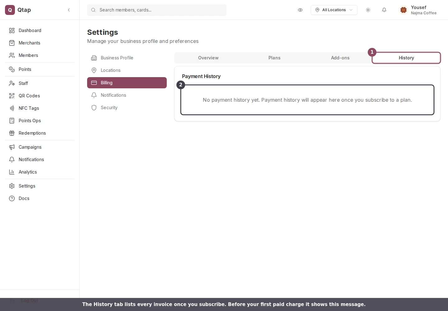 History tab showing the empty payment history message