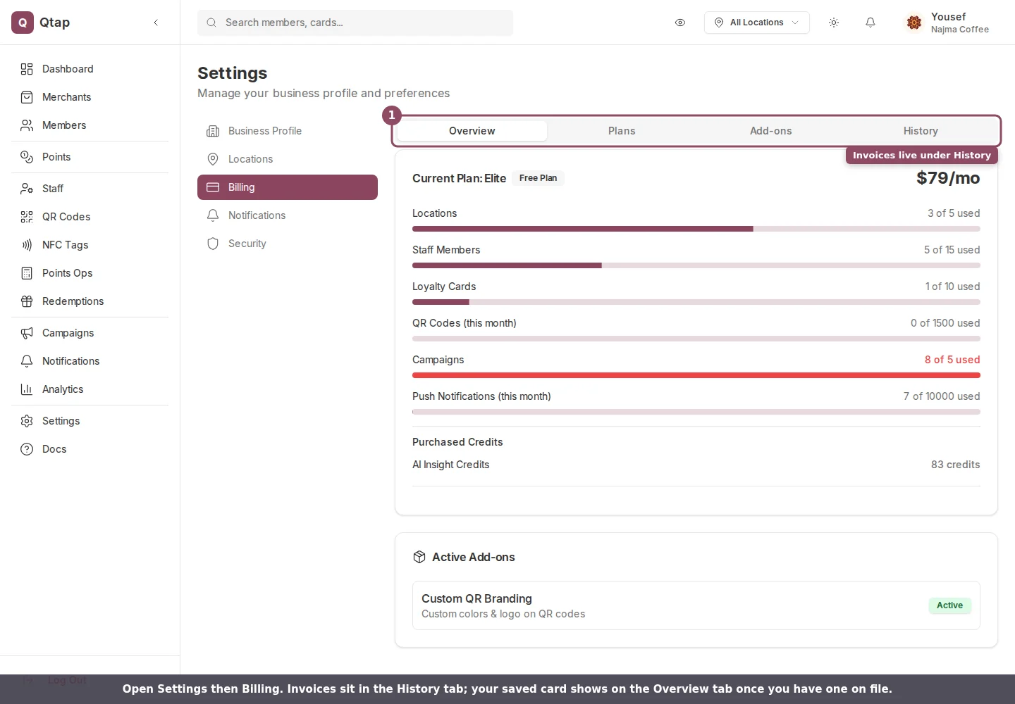 Billing page with the four tabs boxed and the History tab labelled