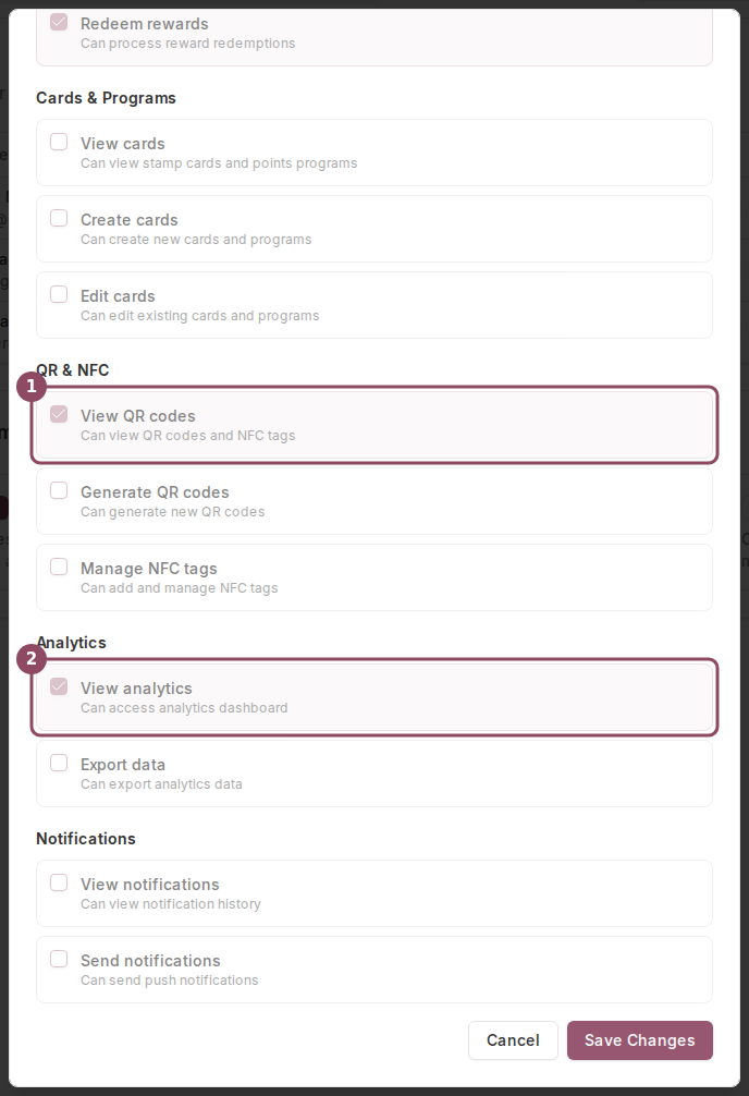 Edit Permissions checklist showing View QR codes and View analytics ticked for the Staff role