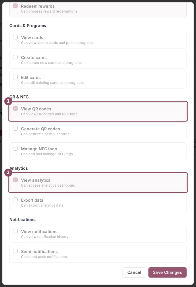 Edit Permissions checklist showing View QR codes and View analytics ticked for the Staff role
