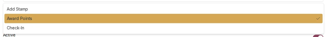 NFC tag action dropdown showing Add Stamp, Award Points, and Check-In