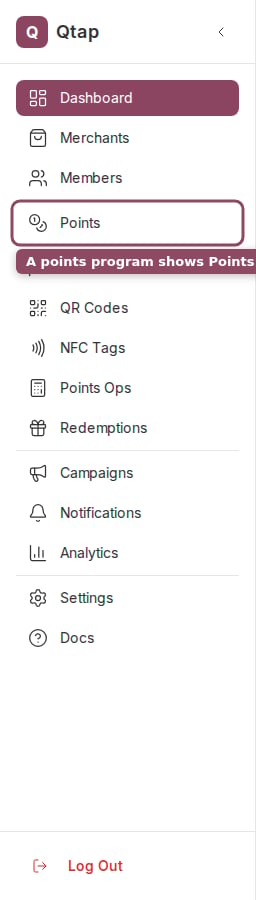 The sidebar on a points account, with the Points entry highlighted