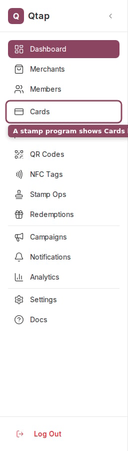 The sidebar on a stamp-card account, with the Cards entry highlighted