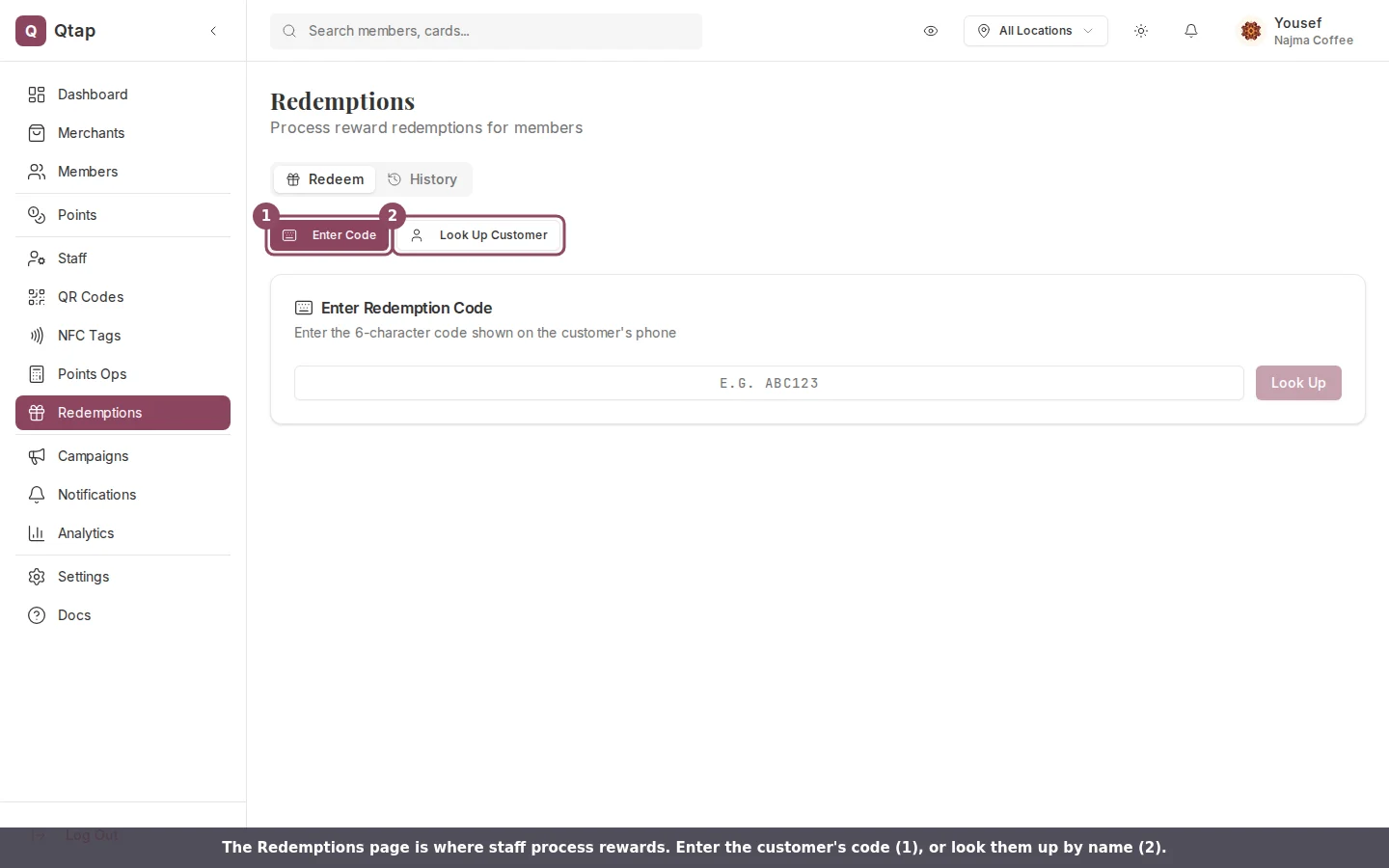 Redemptions page showing the Enter Code and Look Up Customer options
