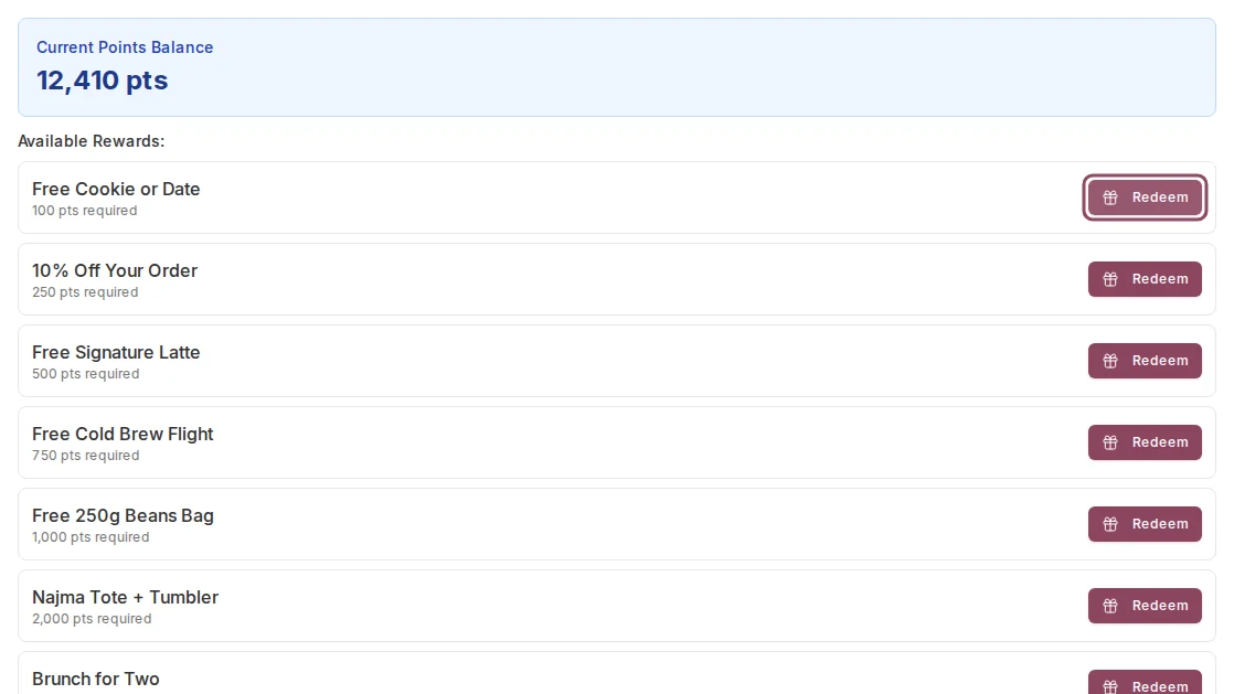 A customer's available rewards, each with a Redeem button