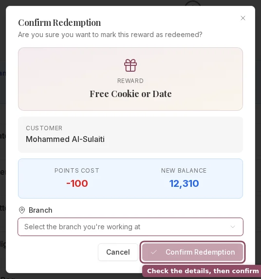 Confirm Redemption dialog showing the reward and customer