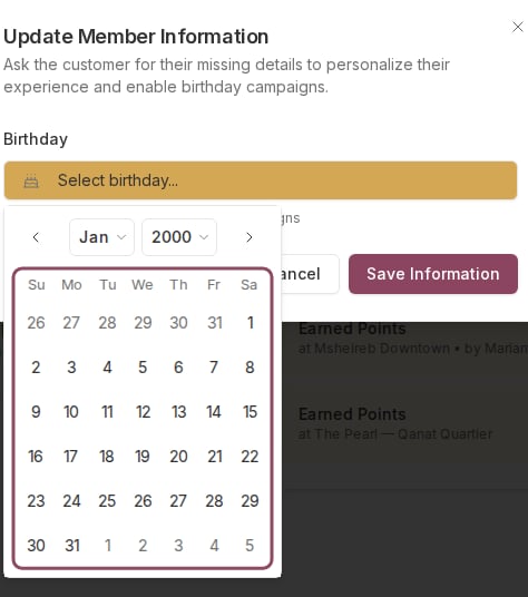 The birthday calendar open inside the dialog, with month and year dropdowns