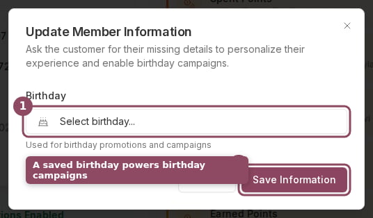 Update Member Information dialog with a Birthday field and a Save Information button