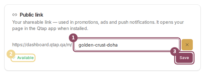 Editing the public link with an available name and the Save button enabled