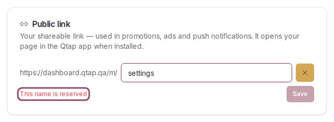The public link editor refusing a reserved name