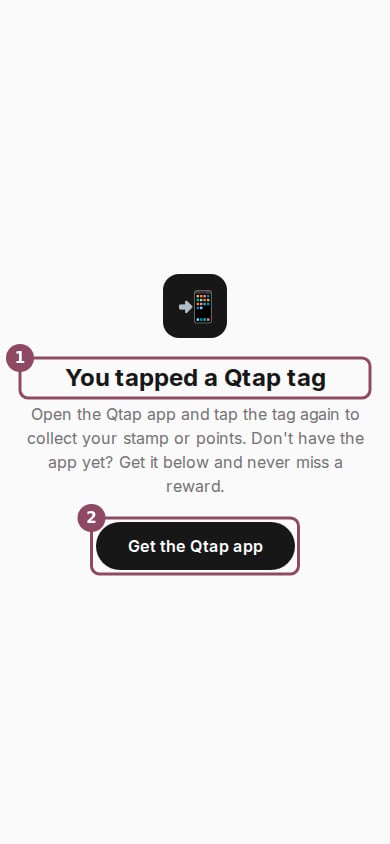 The Qtap tag page on a phone, showing the You tapped a Qtap tag heading and a Get the Qtap app button