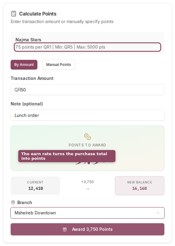 By Amount mode with a transaction amount filled and the points preview