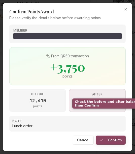 Confirm Points Award dialog with before and after balance