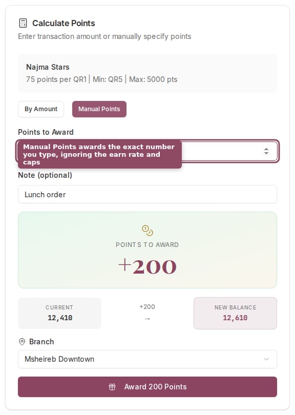 Manual Points mode with an exact points amount entered