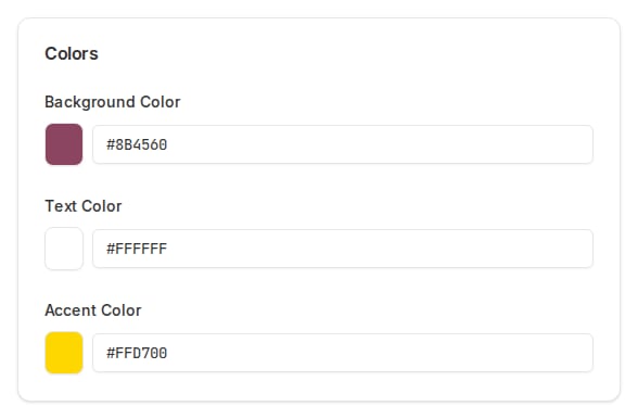The Colors panel showing background, text, and accent color pickers with hex values