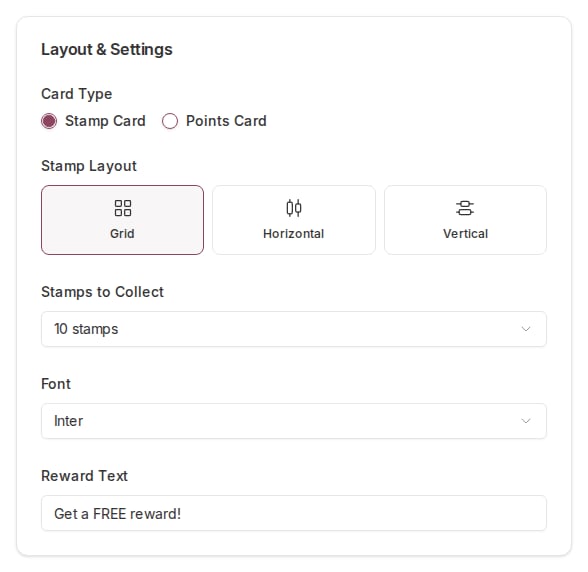 The Layout and Settings panel with card type, layout, stamp count, font, and reward text fields