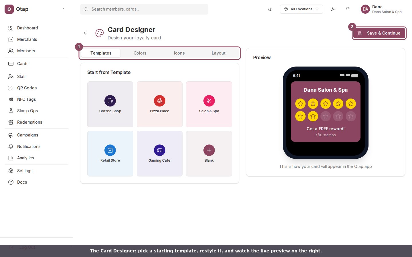 The Card Designer page with the panel tabs and the Save & Continue button highlighted