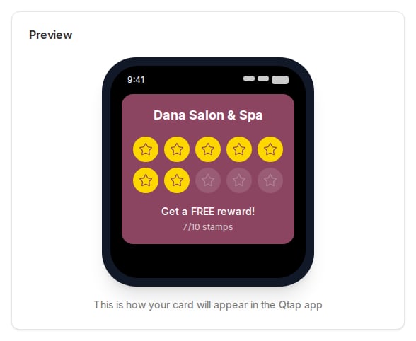 A phone preview of the loyalty card with the business name, stamp grid, and reward text