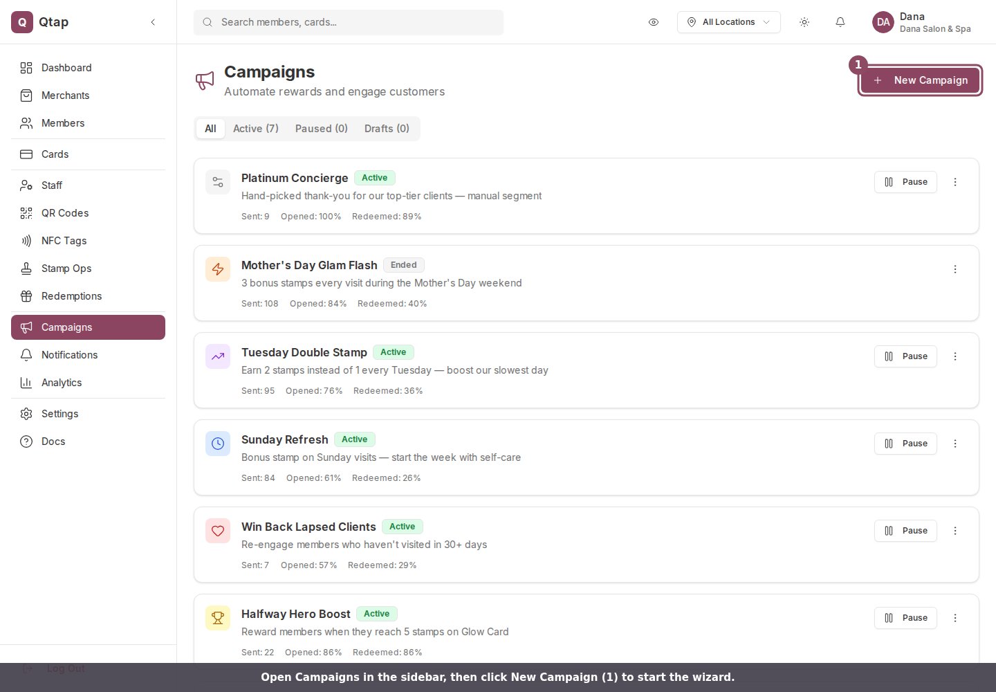 Campaigns list with the New Campaign button highlighted