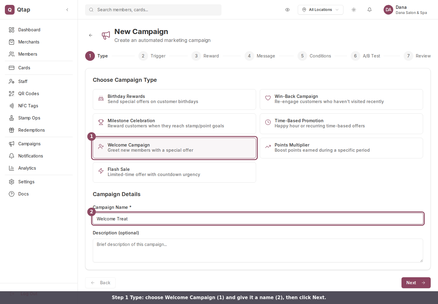 Campaign type step with Welcome Campaign selected and a name entered