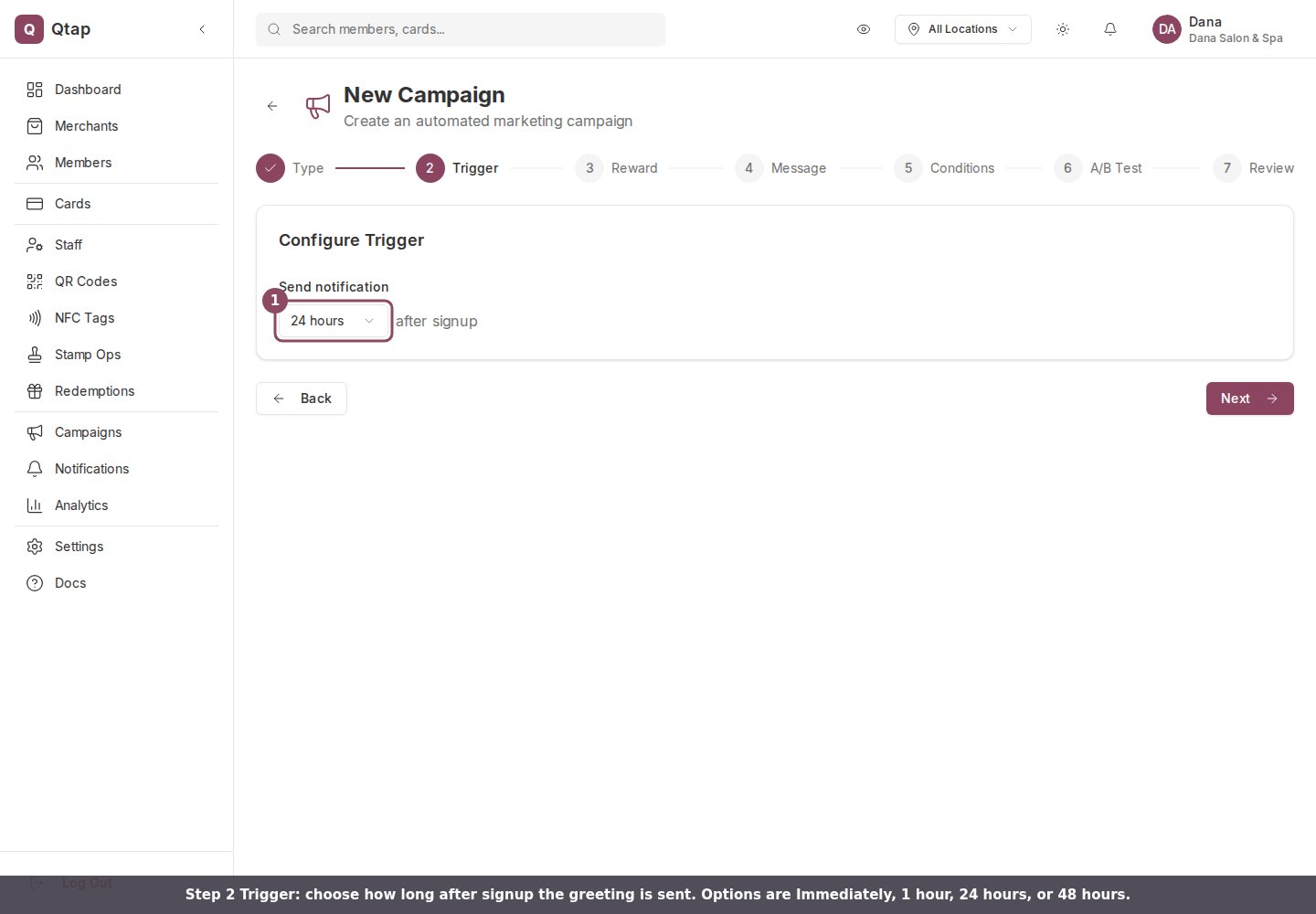 Trigger step with the send-delay selector highlighted