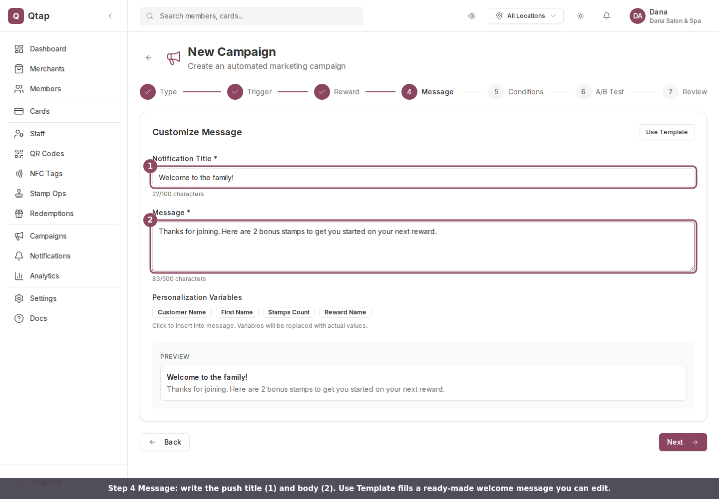Message step with the notification title and message fields filled in