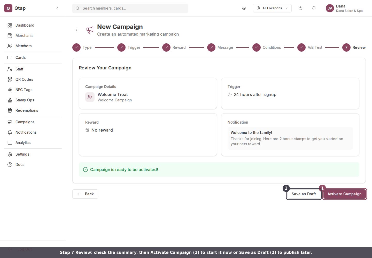 Review step summarizing the campaign with the Activate Campaign and Save as Draft buttons highlighted