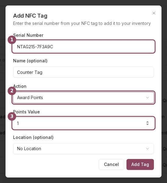 Add NFC Tag dialog with a serial number, the action set to Award Points, and a points value