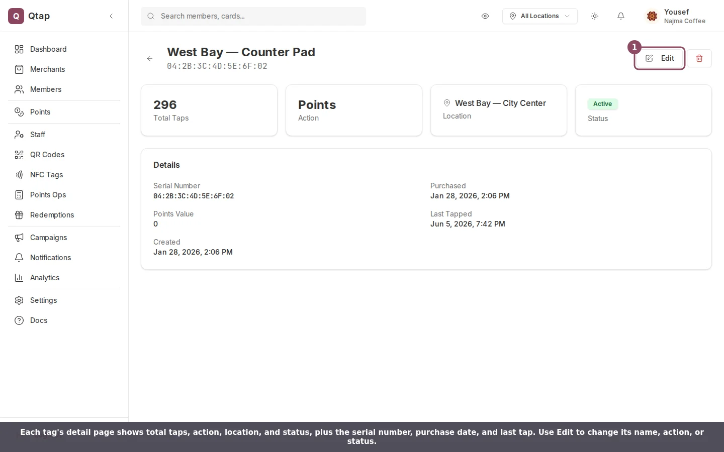 NFC tag detail page with stat cards and a details panel