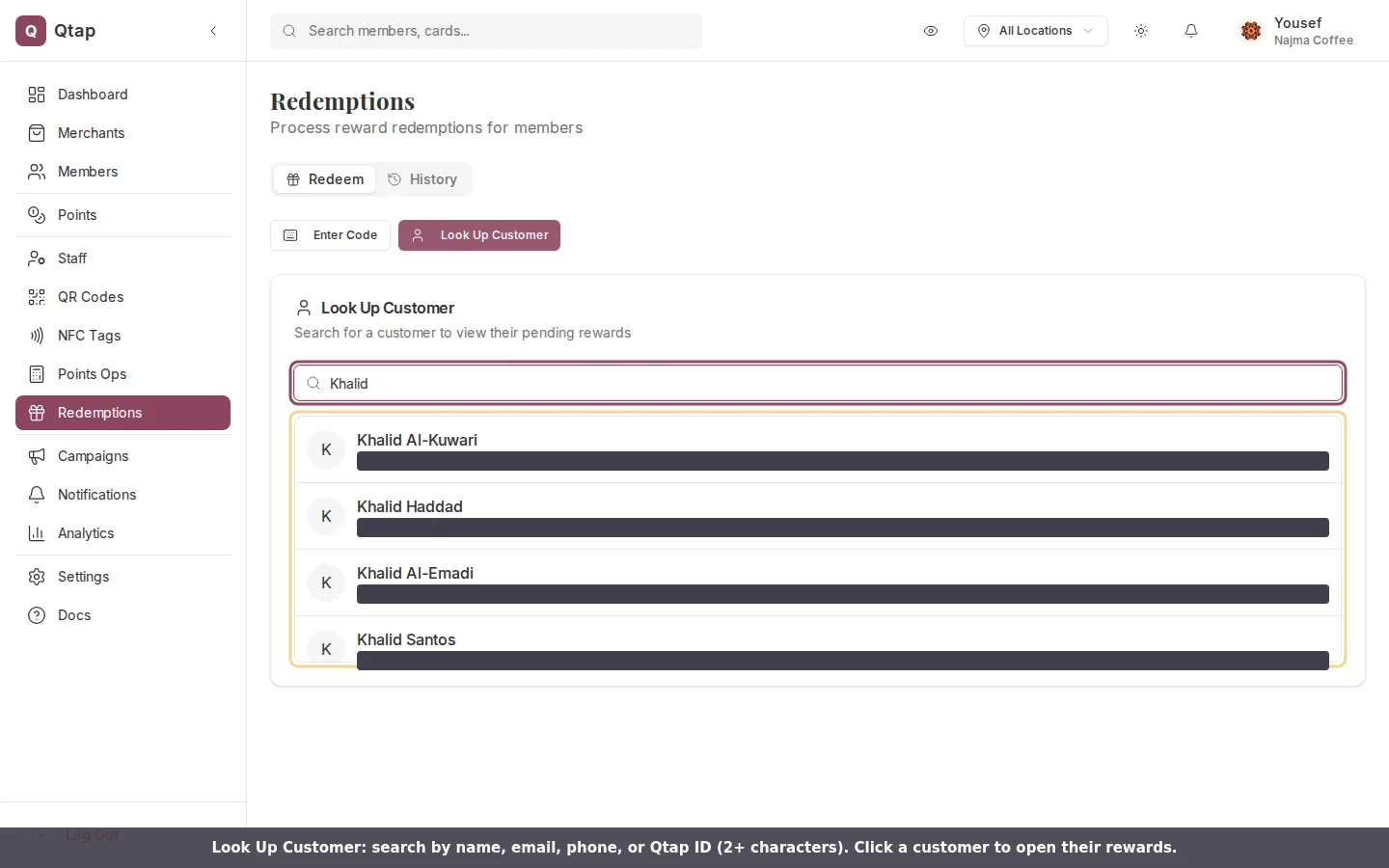 The Look Up Customer search showing matching customers as results