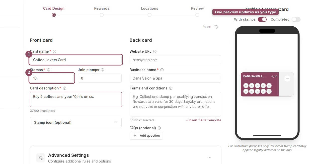 The stamp card Card Design step showing the Front card and Back card forms next to a live mobile preview
