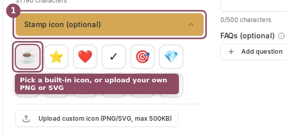 The expanded Stamp icon picker showing built-in icons and the upload custom icon button