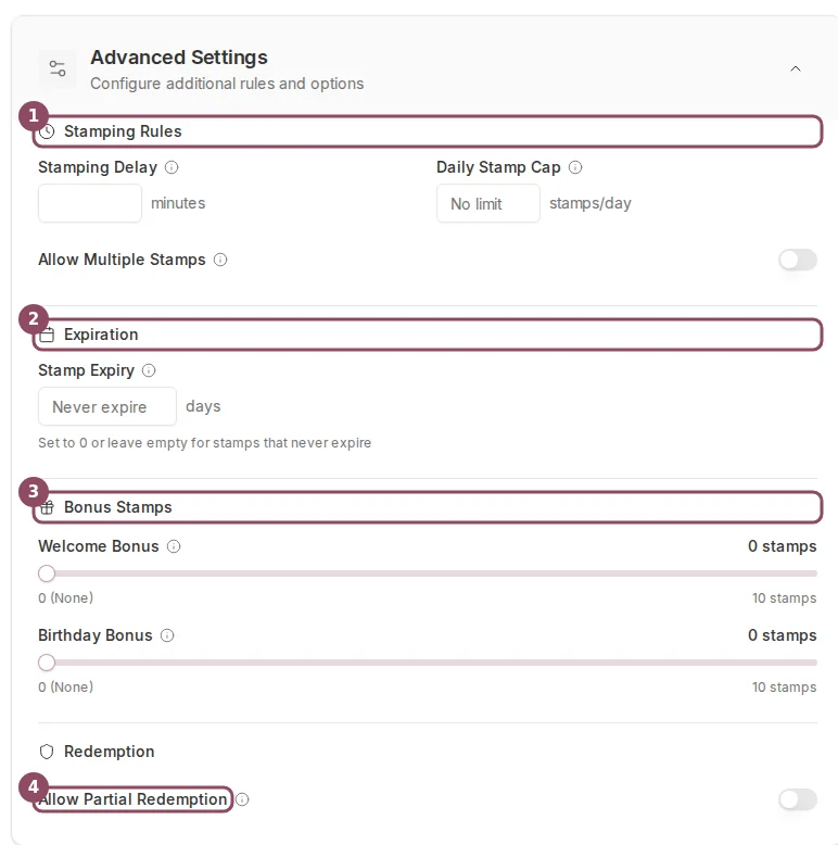 The expanded Advanced Settings panel with Stamping Rules, Expiration, Bonus Stamps, and Redemption sections