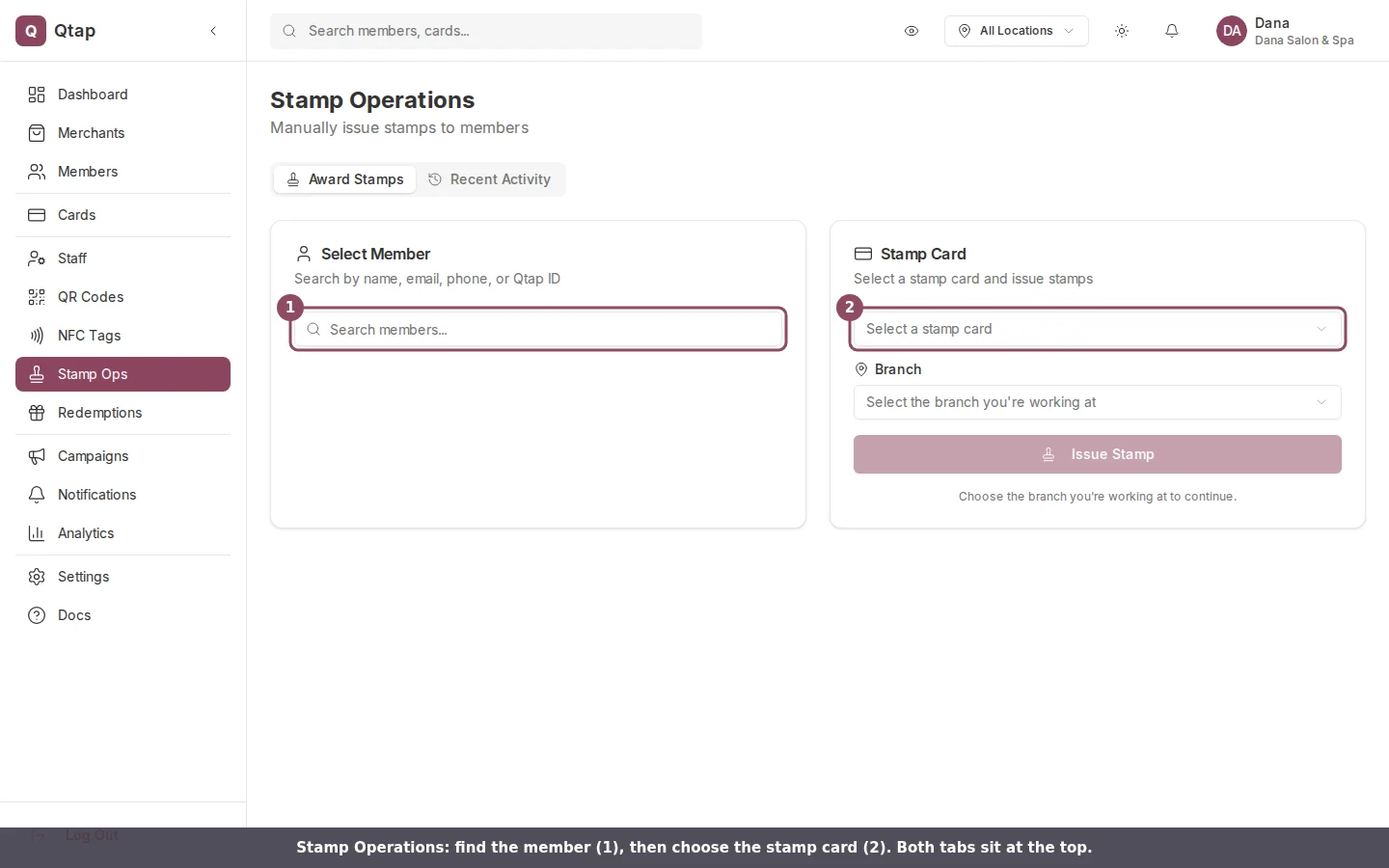 Stamp Operations page with the member search and stamp card selector