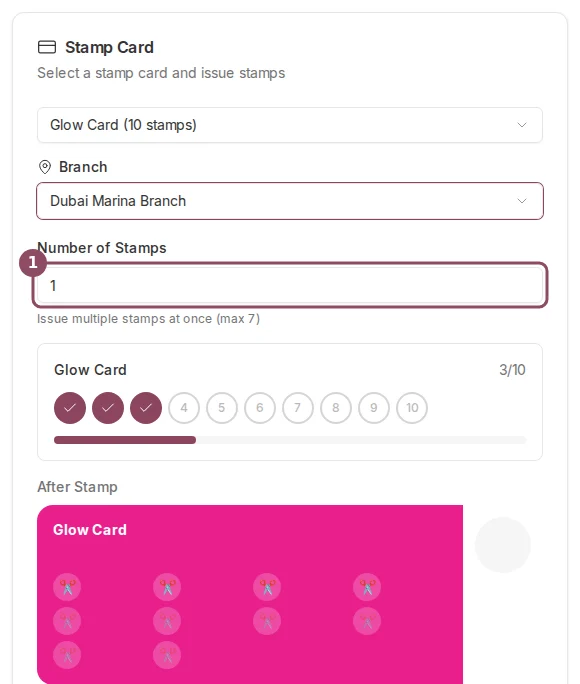 Stamp card selected with the quantity field and stamp progress
