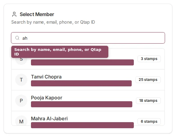 Member search results on the Select Member card