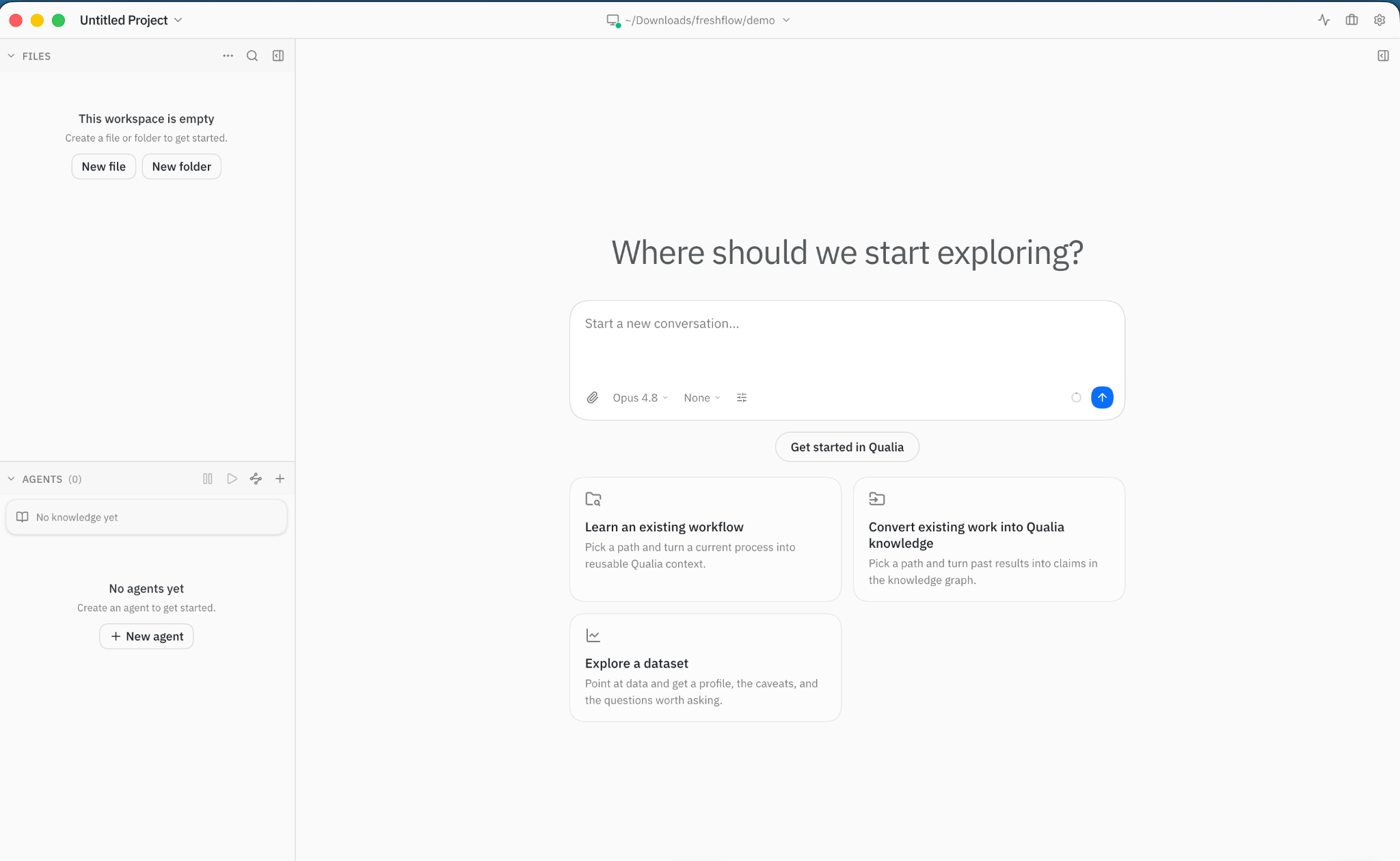 Empty Qualia workspace with the chat box and example prompt cards