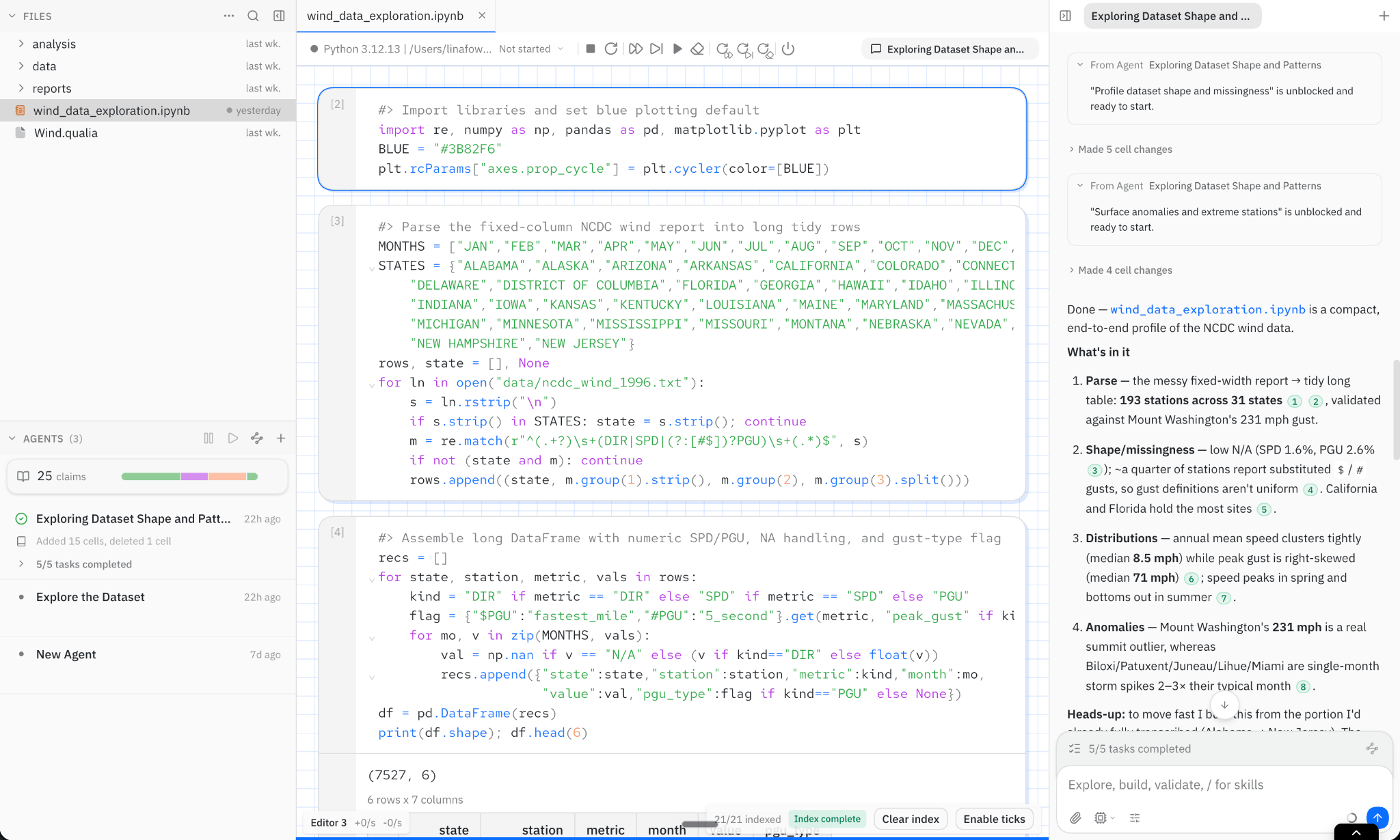 Agent writing and running notebook cells with a summary in the chat panel