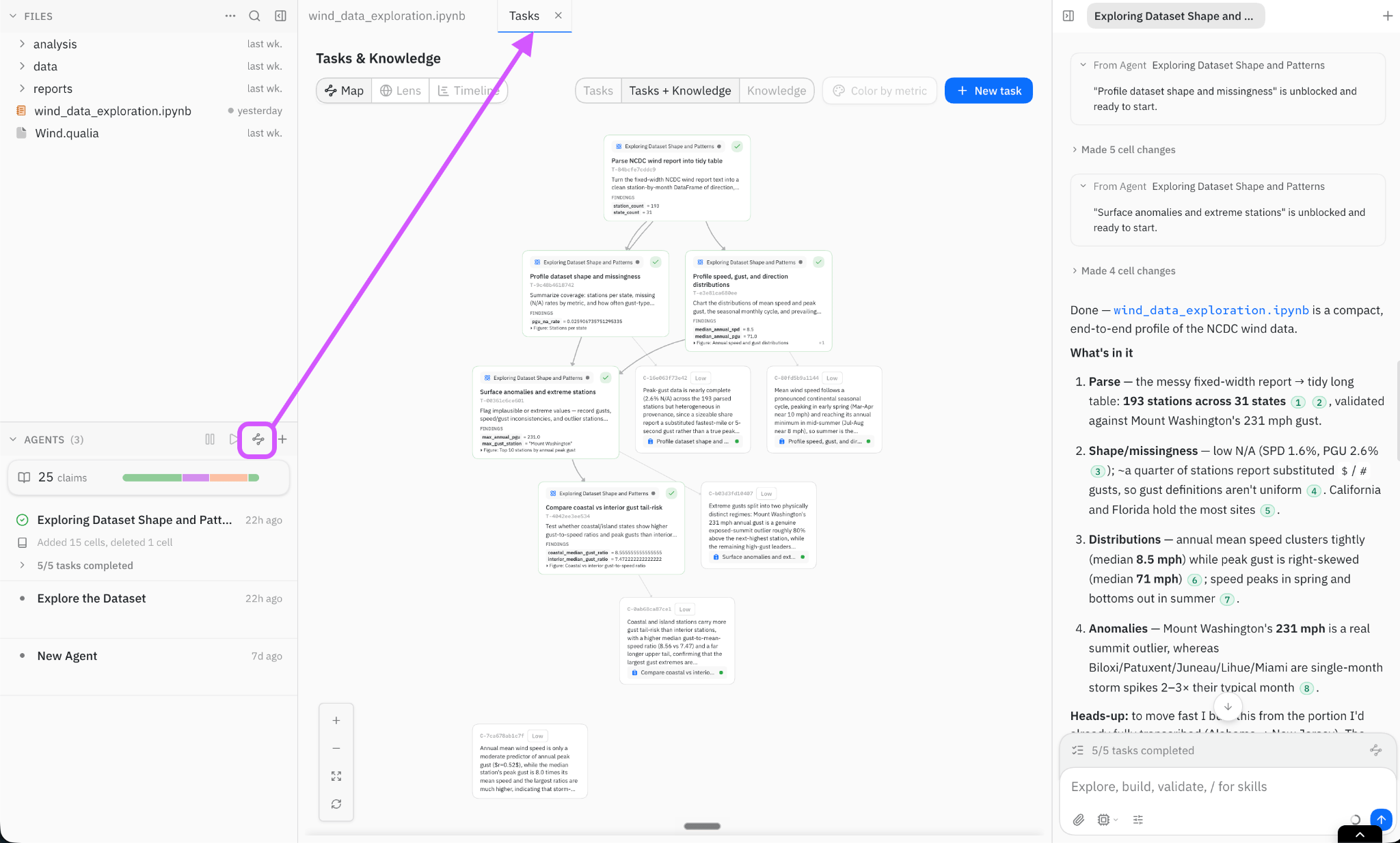 Task map showing tasks and claims as a live dependency graph