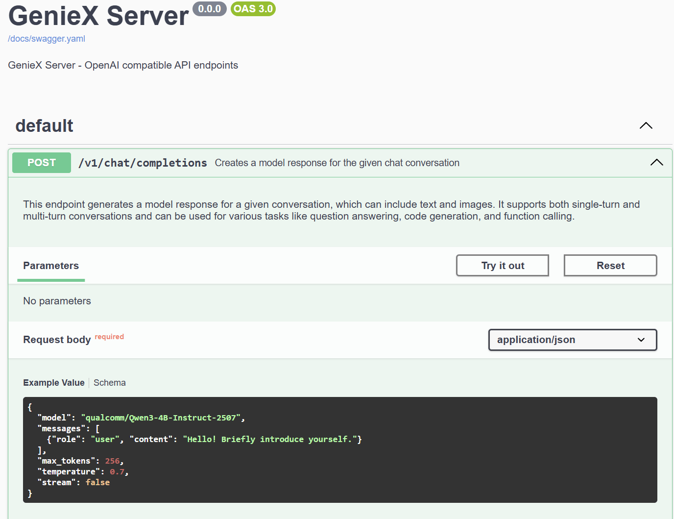 Swagger UI 展示 chat completions 端点及示例请求体