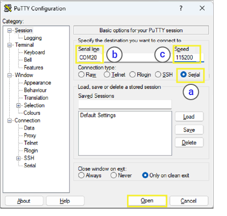 PuTTY serial setup