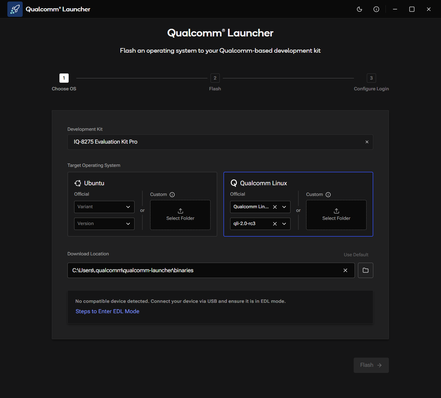 Qualcomm Linux selected on the Choose OS screen