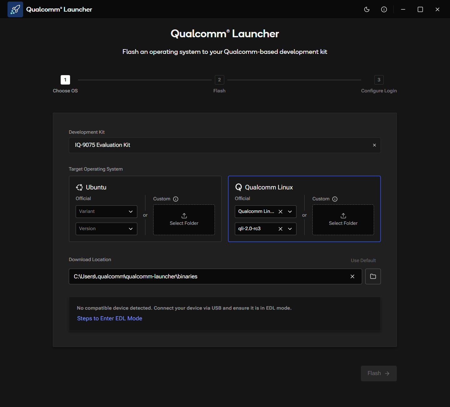 Qualcomm Linux selected on the Choose OS screen