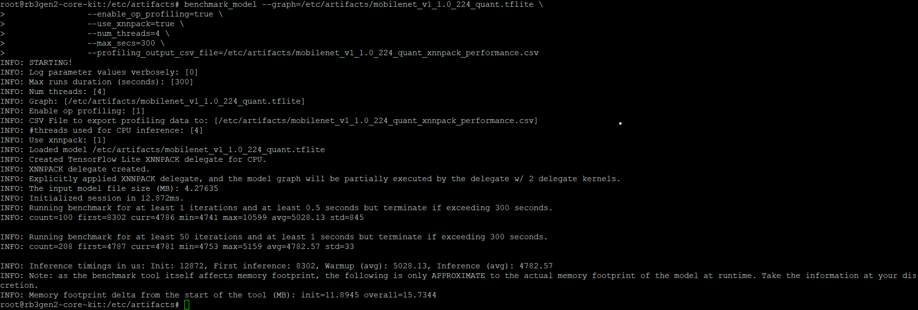 Example output for LiteRT CPU benchmark