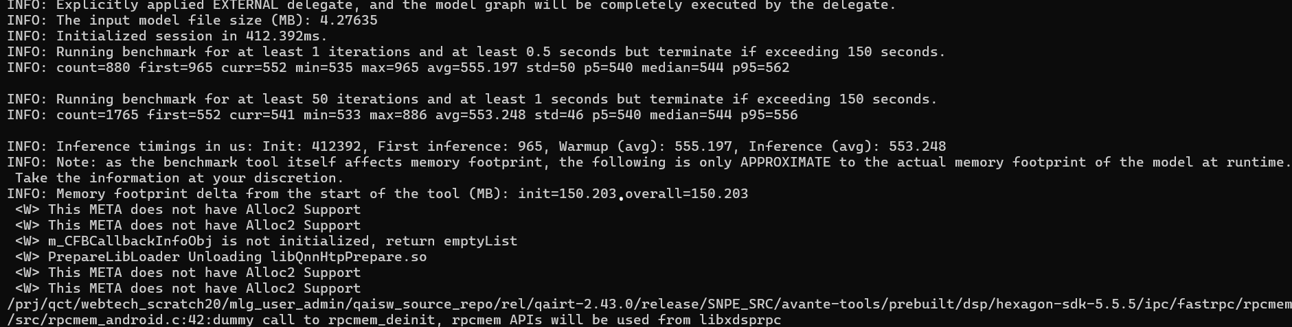 Example output for LiteRT GPU benchmark